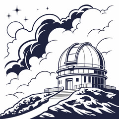 Astronomical observatory dome on a hill under a night sky with stars and clouds in a line style with a staircase entrance © md solaimas