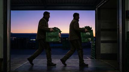 Fototapeta premium Early Morning Produce Throughput With Greens Crates In Silhouette