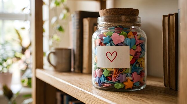 Origami Hearts and Stars in a Glass Jar on a Wooden Shelf