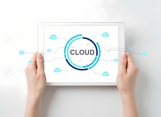 Obraz premium Exploring cloud computing concepts on a tablet screen, illustrating data flow and connection between digital elements with user hands holding the device in a well-lit environment showcasing