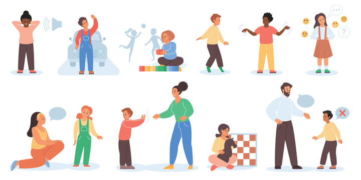 Autism signs set showing diverse children with sensory issues, social difficulties, repetitive behavior, communication problems for ASD awareness, diagnosis and education isolated vector illustration