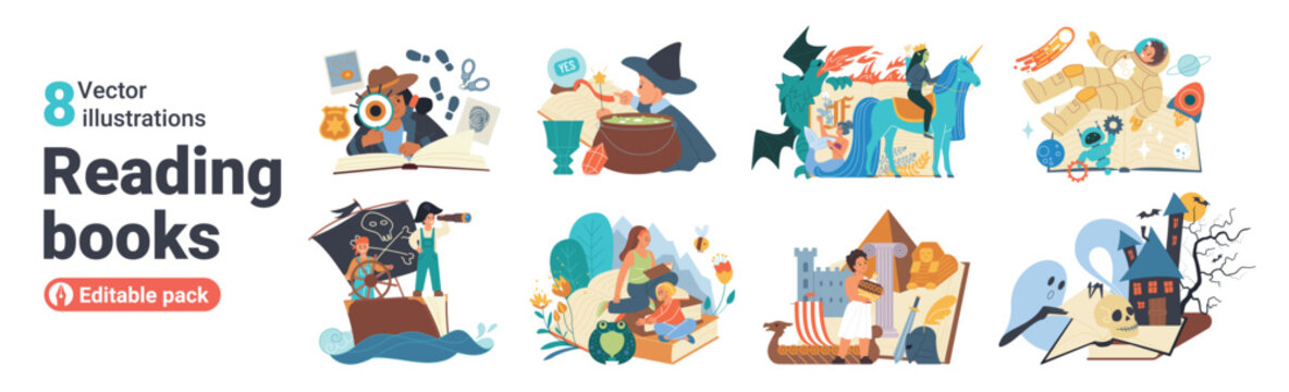 Kids reading books with magical fantasy adventures, pirates, witches, dragons, astronauts, castles, ghosts emerging from pages, promoting imagination, stories literature isolated vector illustration