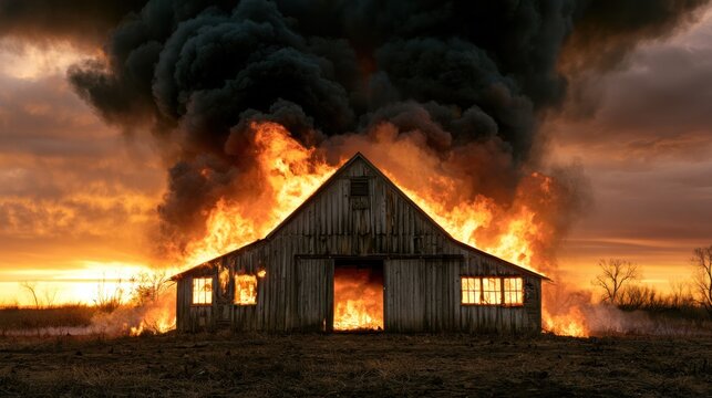 Barn on fire at sunset rural landscape