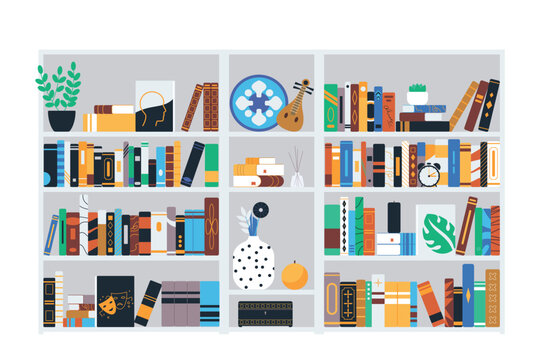 Home book shelves filled with colorful books, plants, vases, decor items and accessories for reading, studying and interior design, isolated on white background vector illustration