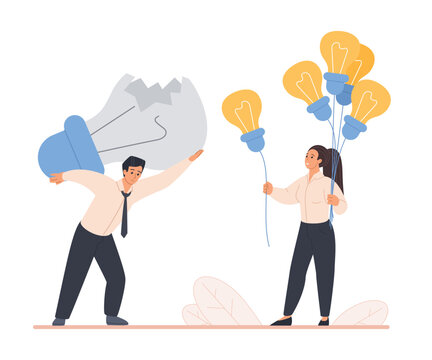 Businessman carrying huge broken bulb while woman holds floating light bulbs, metaphor for burden of failure, new ideas and letting go, isolated on white background vector illustration