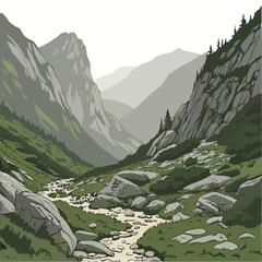 Hand-drawn style of a rocky mountain pass with a winding stream, steep cliffs, and sparse vegetation in muted green and grey © md solaimas