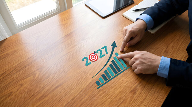 Businessman pointing at 2027 financial growth chart and target on wooden desk concept, inancial planning, economic growth, and investment strategy for 2027 concept with copy space.