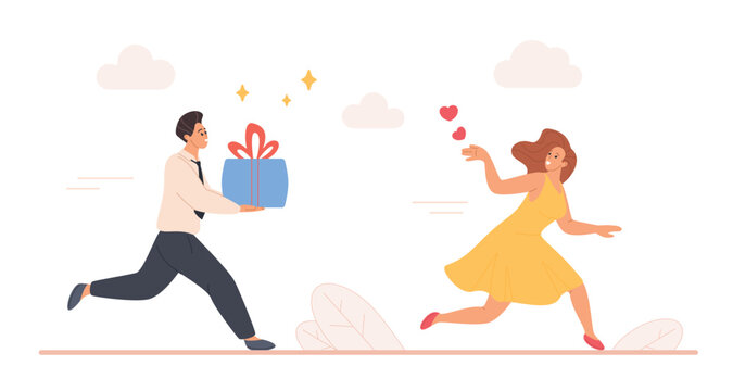 Man chasing woman with gift box while she runs away throwing hearts, showing consumerist attitude and imbalance in modern romantic relationship, isolated on white background vector illustration