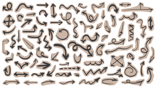 Hand drawn crayon doodle arrows set on beige cutout scraps, playful collage style elements for notes, planners, journaling, direction icons and creative layouts isolated vector illustration