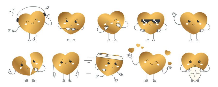 Cute golden heart characters with different emotions, poses and activities for Valentine greeting cards, stickers, social media and kids designs, isolated on white background vector illustration