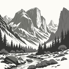 Black and white of a mountain range with a flowing river and pine forest in a valley, isolated on white background © md solaimas