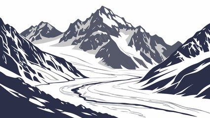 Minimalist of a sharp mountain peak and a glacial river valley with snow covered slopes in a dark blue and white palette © md solaimas