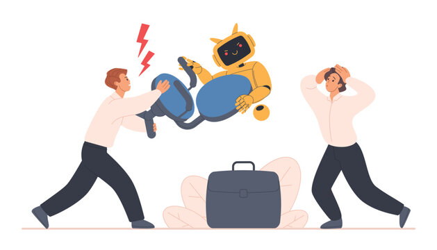 Angry office worker fights with yellow robot taking his chair while colleague watches in shock, concept of employee losing job to artificial intelligence, isolated vector illustration