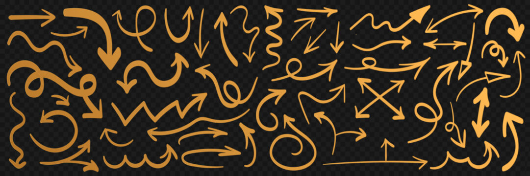 Set of golden hand drawn doodle arrows, curved, straight, spiral and sketch directions on dark transparent background for infographic, notes, highlights and design elements vector illustration