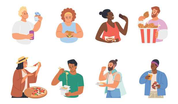 Diverse happy people enjoying unhealthy snacks, burgers, pizza, noodles, sweets and soda drinks, eating fast junk food set, isolated on white background vector illustration