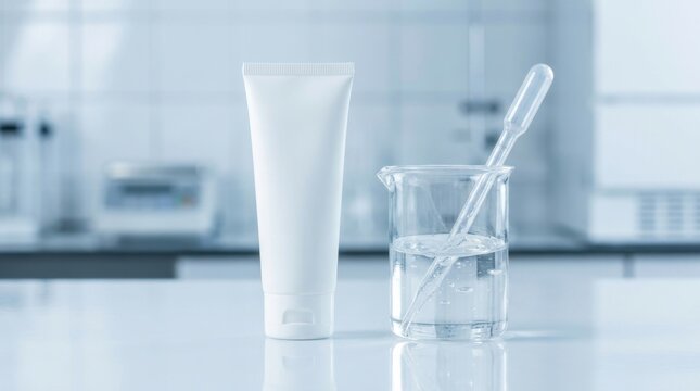 White blank cosmetic tube mockup next to a glass beaker with serum and pipette in a clean laboratory setting. Skincare product development, dermatology, and science-based beauty.