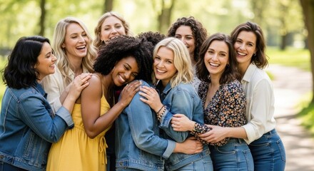 Fototapeta premium A group of women standing together in a park, smiling and embracing each other.