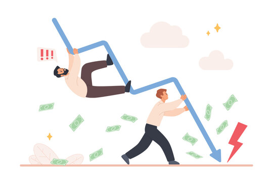 Two businessmen desperately hold a falling arrow graph with flying money bills, symbolizing inflation, crisis, and business failure, isolated on white background vector illustration