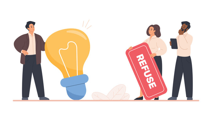 Office team rejecting colleagues bad idea, holding refuse sign near large light bulb, concept of criticism, failure, negative feedback, disagreement, isolated on white background vector illustration