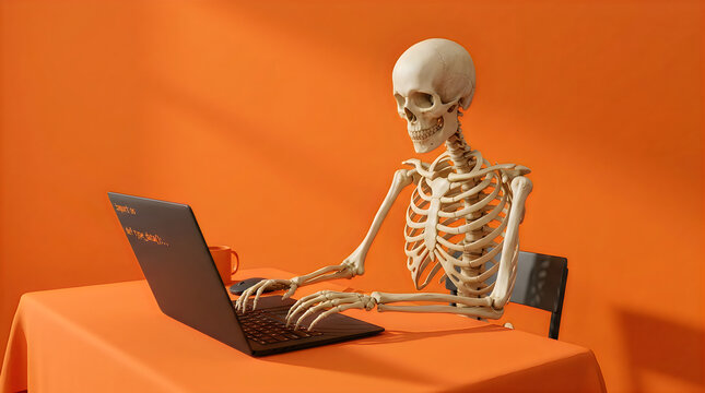 Skeleton working on laptop, orange background, human skeleton, computer, table
