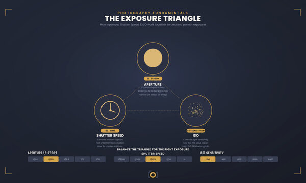 Photography fundamentals infographic about exposure triangle for beginners