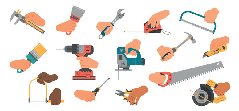 Human hands holding various repair and building tools including saws, drills, wrenches, tape measure and paint brush, isolated on white background vector illustration