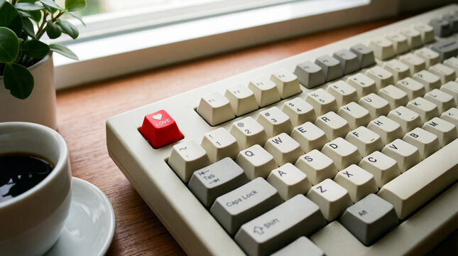 Computer keyboard on wooden desk near coffee cup and plant, red love key adds romantic accent