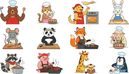 Fototapeta premium Cute Animal Chef Characters Set with Bear, Cat, Dog, Rabbit, Panda, Fox, Sheep, Pig, and Penguin Cooking Cartoon Vector Illustration