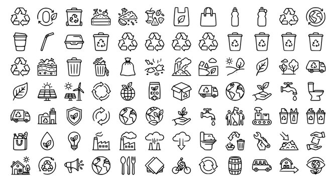 Zero Waste Thin Line Icon Set Editable Stroke Recycling Waste Management Compost Sustainability Eco Vector Collection on White Background