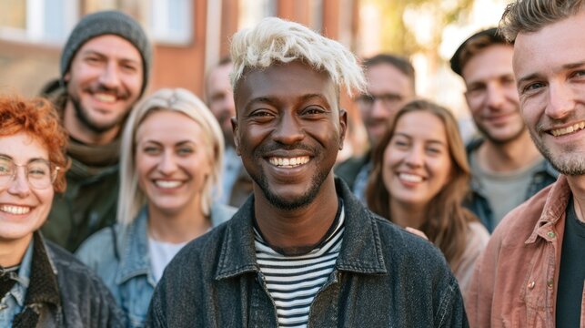 A group of smiling young adults standing outdoors in a city street, with a mix of men and women, some wearing hats and sunglasses, and a diverse range of clothing styles.