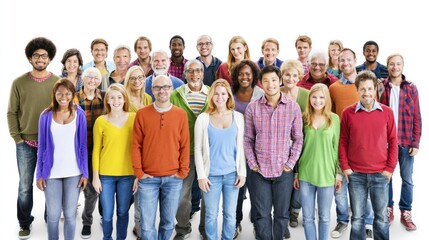 Fototapeta premium A diverse group of people standing together in a line, with a white background.