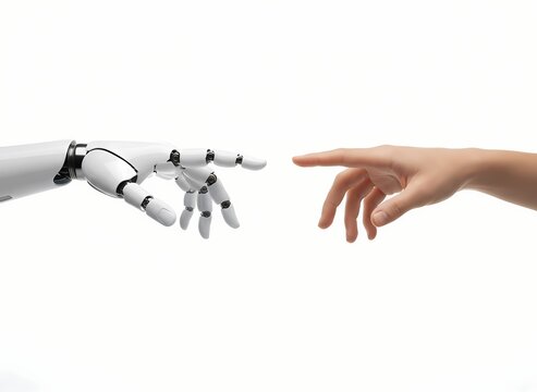 The point of convergence is powerfully depicted as a human digit extends towards a robotic manipulator, symbolizing a profound connection and the intersection of organic and artificial existence