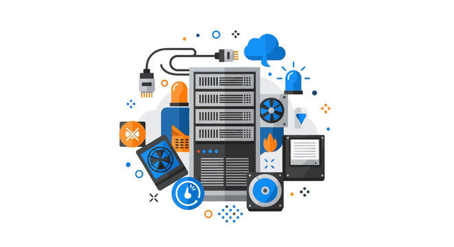 Data Center and Cloud Computing Infrastructure Flat Vector Illustration for IT Networking, Server Management, and Web Hosting Services