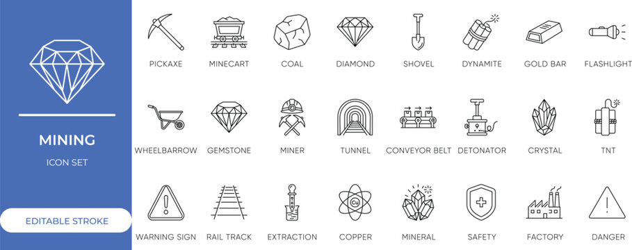 Mining Industry, Mineral Extraction, Coal, Gold, Diamond, Pickaxe, Minecart and Miner Equipment Minimalist Line Vector Icon Set