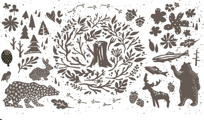 Fototapeta premium Woodland Forest Elements Vector Set with Bear, Deer, Rabbit, Wreath, Trees and Flowers in Rustic Silhouette Stamp Style Illustration