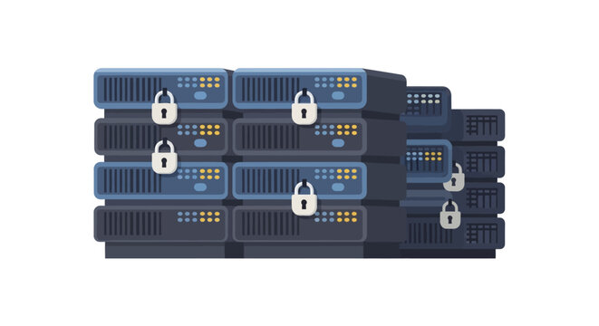 Secure Data Center Server Racks with Padlocks for Cybersecurity and Information Privacy Concept