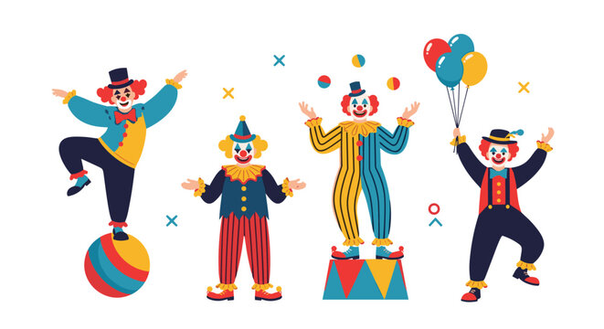 Group of funny circus clowns in colorful costumes performing acts like balancing on a ball, juggling, and holding balloons.