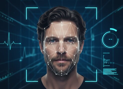 Advanced facial recognition technology scans a sharp-featured man's countenance within a high-tech digital interface featuring geometric overlays, data streams, and biometric readings