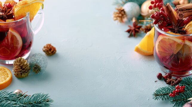 Cozy winter drinks with festive holiday decorations and spices