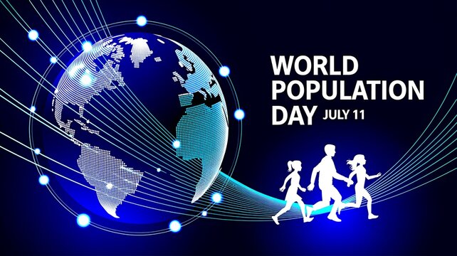 World Population Day digital globe with family silhouette