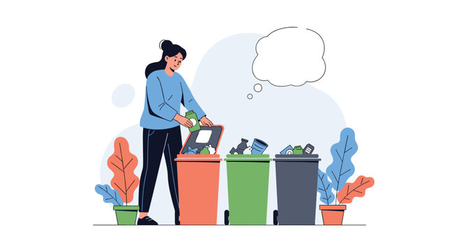 Environmentally conscious woman sorting different types of waste into designated orange, green, and black recycling bins at home.
