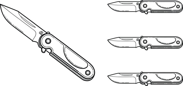 Pocket knives, folding knives, switchblades, knife set, vector illustrations