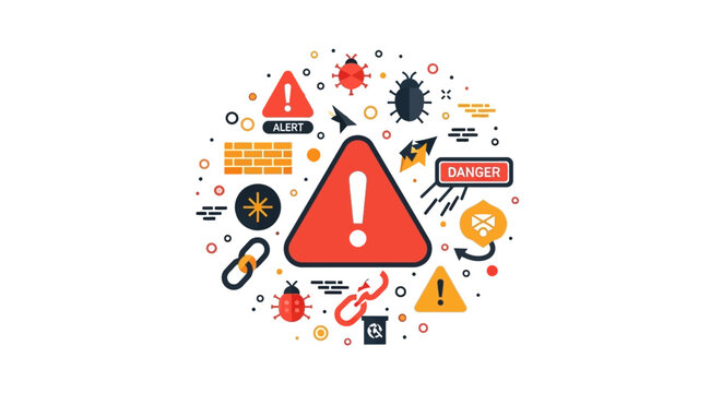 Cyber Security Alert and Malware Warning Concept. Flat Vector Illustration of Computer Viruses, Data Breach, and System Risk Icons Isolated on White Background.