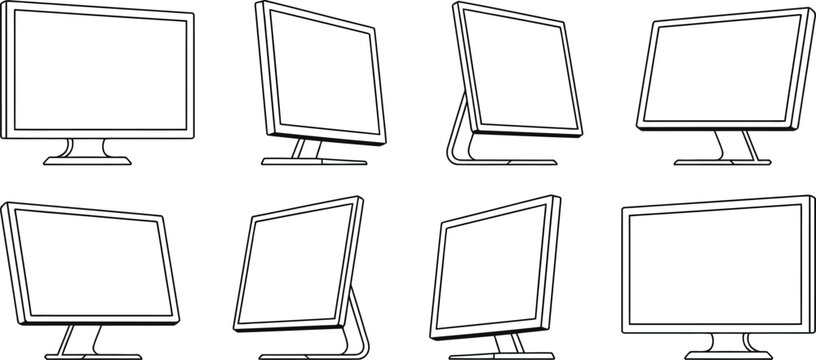 Computer monitor icons, screen templates, outline style, vector graphics, 8 desktop displays