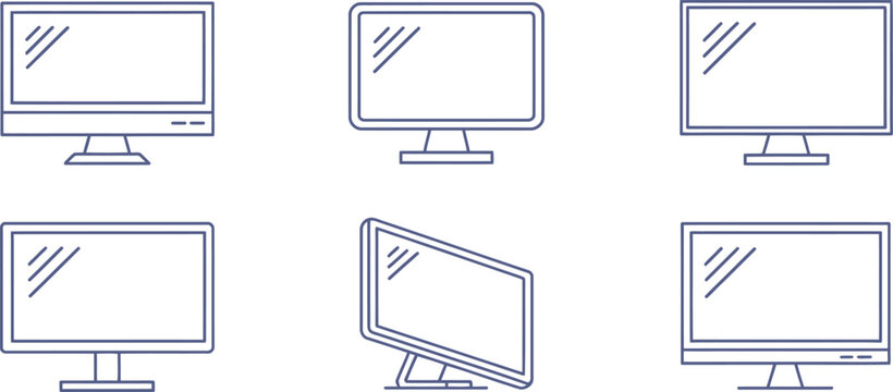 Computer monitor icons, blue line art, screen symbols, technology illustrations, vector graphics