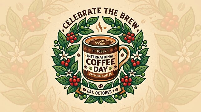 International coffee day wreath with coffee beans and cup vector illustration on beige