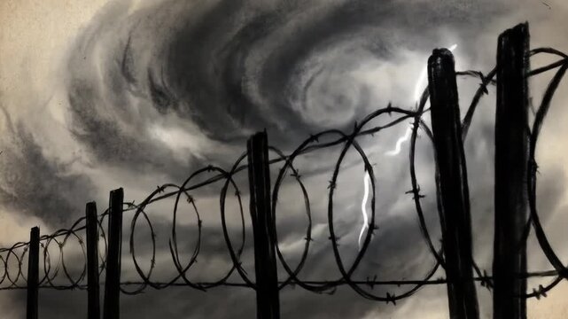 Lightning flashes behind a razor wire fence under swirling storm clouds in a charcoal animation.