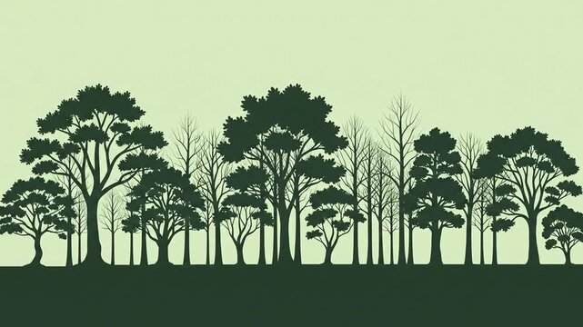 Stylized forest silhouette with various trees against a light green background