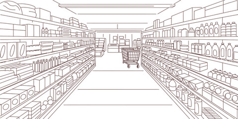 Minimalist grocery store aisle line art vector, supermarket interior with shelves and shopping cart, retail shop coloring page background © Yasmin
