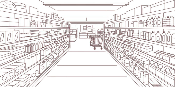 Minimalist grocery store aisle line art vector, supermarket interior with shelves and shopping cart, retail shop coloring page background